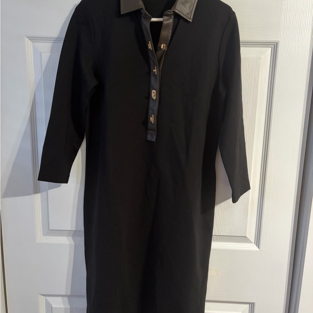 J. McLaughlin Falcon Dress, Black with Brown Faux Leather Collar and Toggle M